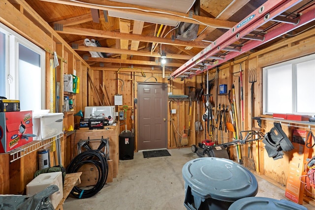 basement featuring a workshop area and wooden walls