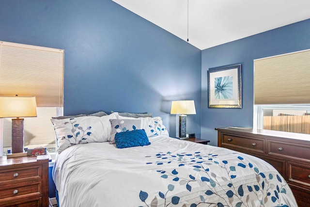 bedroom featuring lofted ceiling