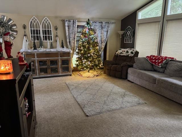 living room with vaulted ceiling and carpet flooring