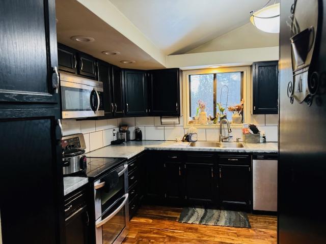 kitchen with lofted ceiling, sink, tasteful backsplash, appliances with stainless steel finishes, and dark hardwood / wood-style flooring