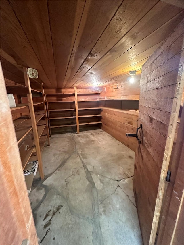 basement featuring wooden ceiling and wood walls