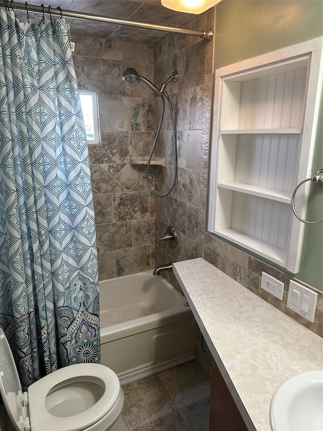 full bathroom featuring shower / bathtub combination with curtain, tile patterned flooring, backsplash, toilet, and vanity