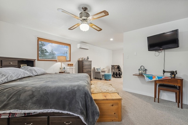 carpeted bedroom with ceiling fan and a wall mounted AC