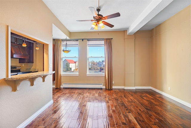 interior space featuring baseboard heating, ceiling fan, and dark wood-type flooring