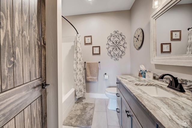 full bathroom with tile patterned floors, vanity, toilet, and shower / bathtub combination with curtain