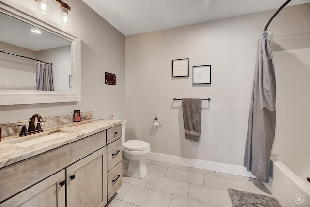 full bathroom with toilet, shower / bath combination with curtain, vanity, and tile patterned floors