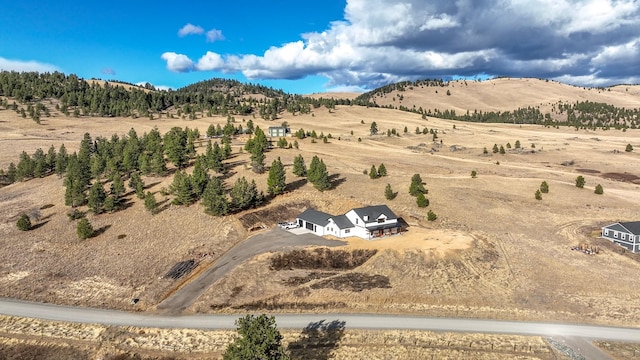 aerial view featuring a mountain view and a rural view