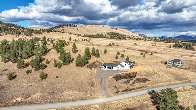 birds eye view of property featuring a mountain view and a rural view