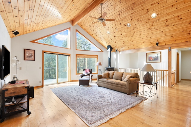 living room with a wood stove, ceiling fan, beamed ceiling, high vaulted ceiling, and light hardwood / wood-style floors