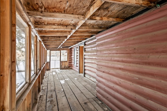 misc room with hardwood / wood-style floors and wood ceiling