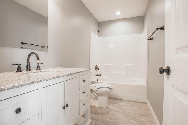 full bathroom featuring toilet, shower / bathtub combination, and vanity