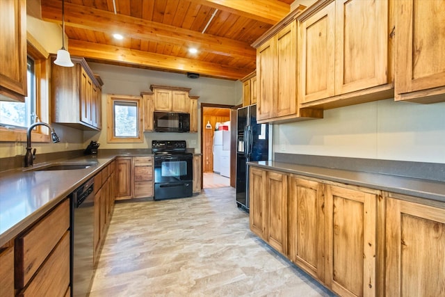 kitchen featuring beam ceiling, sink, wooden ceiling, pendant lighting, and black appliances