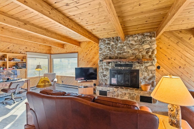 living room featuring a stone fireplace, wood walls, beamed ceiling, and wooden ceiling