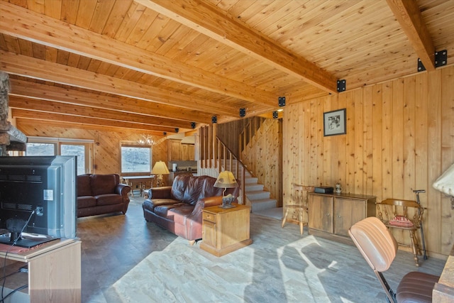 living room featuring beam ceiling, wood ceiling, and wooden walls