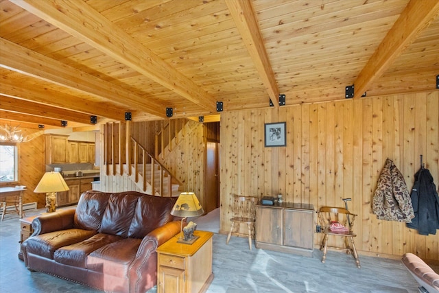 unfurnished living room with beam ceiling, wooden ceiling, and wooden walls