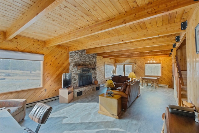 living room featuring baseboard heating, wood walls, a fireplace, and beamed ceiling