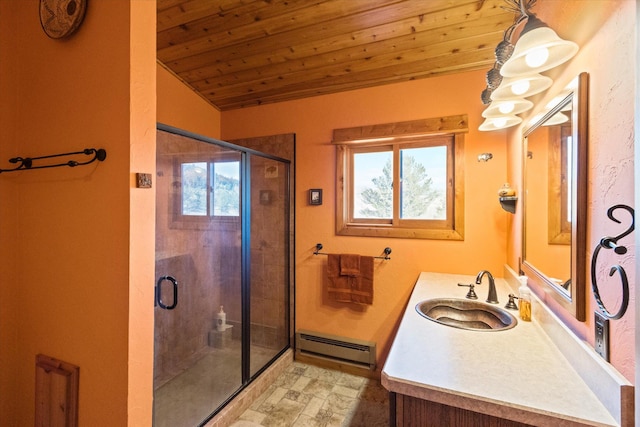 bathroom with baseboard heating, wood ceiling, lofted ceiling, vanity, and a shower with shower door