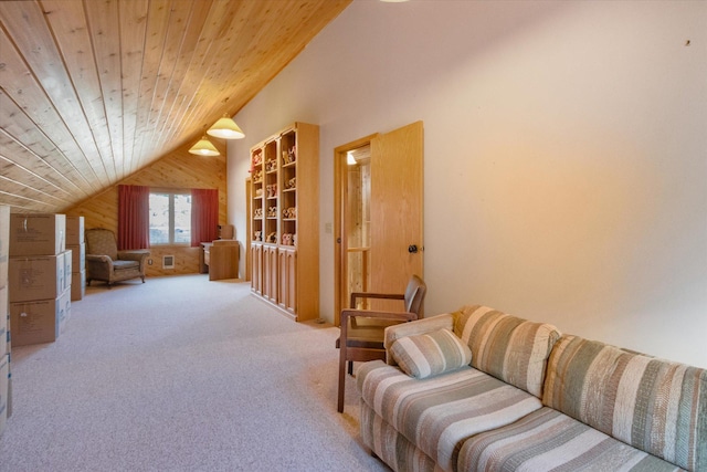 living area featuring wood walls, wood ceiling, carpet floors, and vaulted ceiling