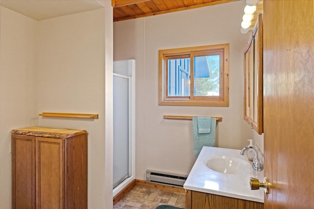 bathroom featuring vanity, an enclosed shower, wood ceiling, and a baseboard radiator