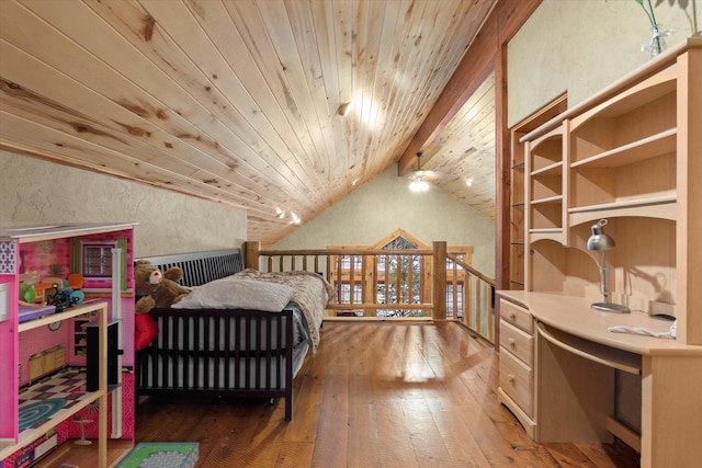 bedroom featuring a textured wall, wood ceiling, wood-type flooring, and vaulted ceiling with beams