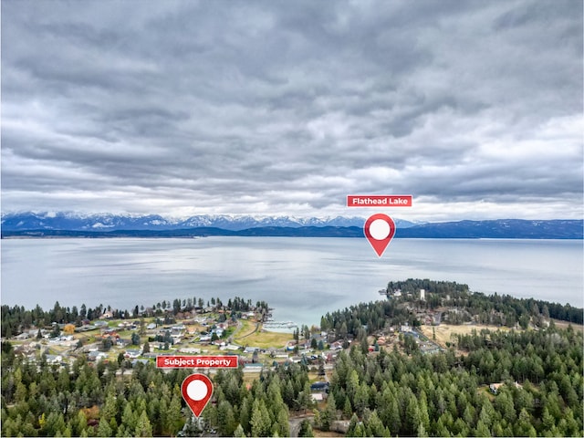 birds eye view of property with a water and mountain view