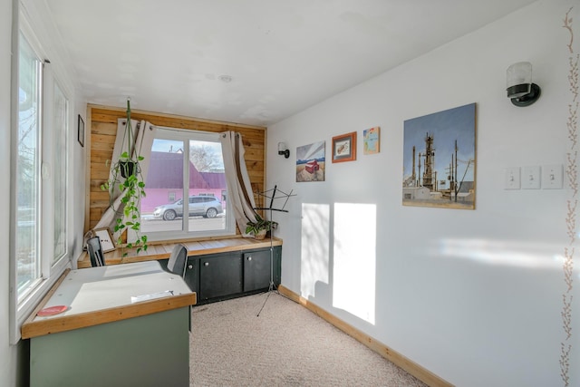 carpeted office space with wood walls