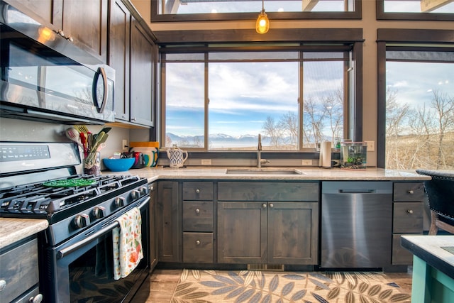 kitchen with dark brown cabinetry, stainless steel appliances, light stone countertops, and sink