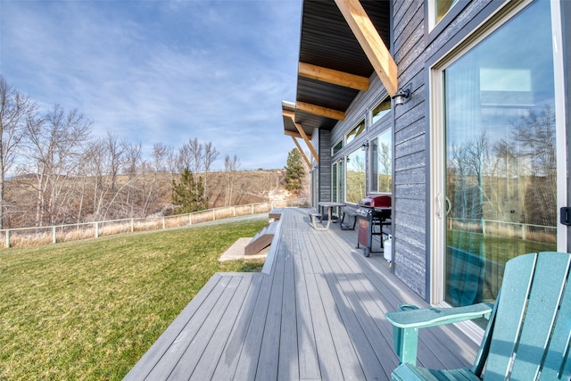 wooden deck featuring a yard