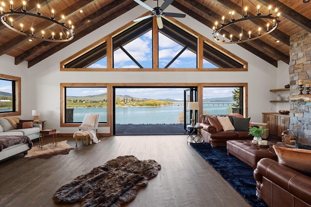 living area featuring a water view, wood finished floors, high vaulted ceiling, wooden ceiling, and beamed ceiling