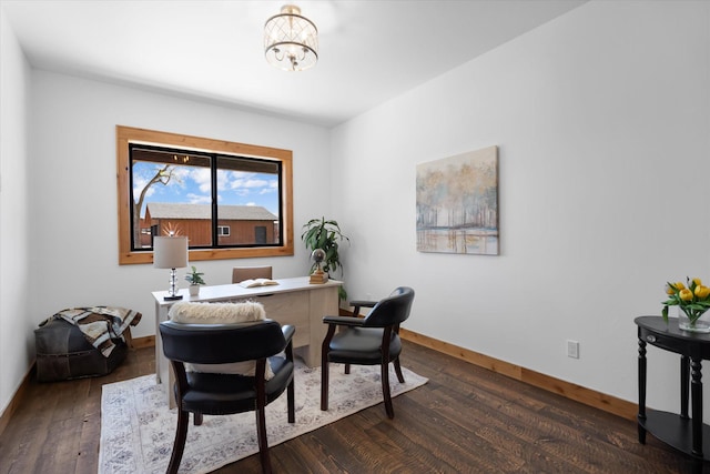 office with baseboards and dark wood finished floors