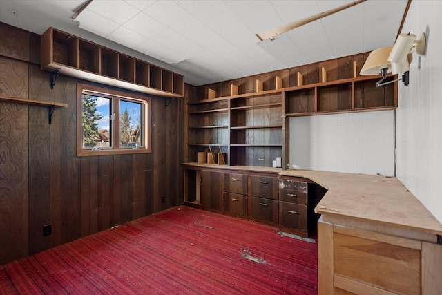 unfurnished office featuring dark wood finished floors and wooden walls