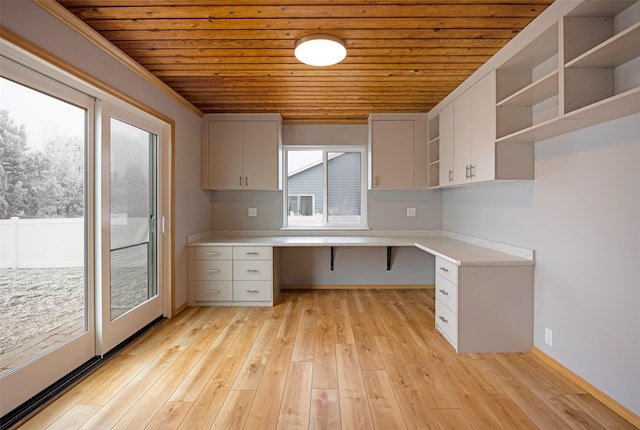 kitchen with white cabinetry, wooden ceiling, light hardwood / wood-style flooring, crown molding, and built in desk