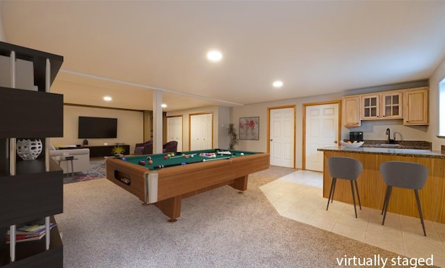 rec room featuring sink, light colored carpet, and pool table