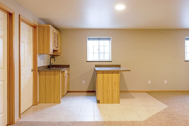 kitchen featuring sink, light colored carpet, and light brown cabinets