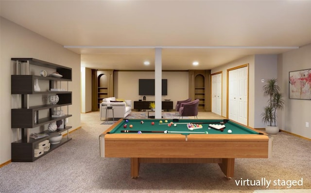 playroom with light carpet and billiards