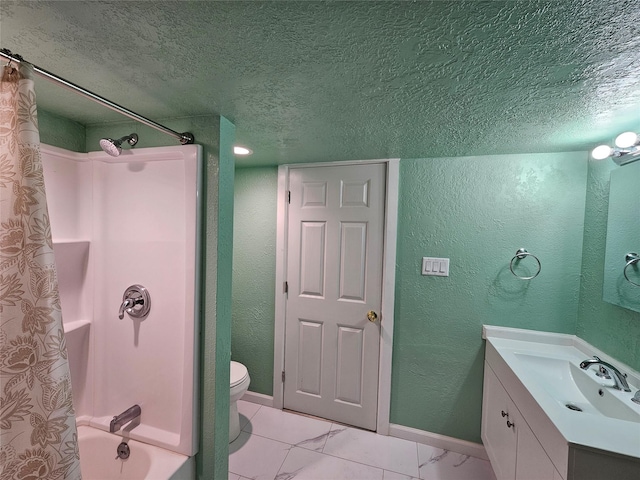 full bathroom featuring vanity, toilet, shower / bath combo, and a textured ceiling