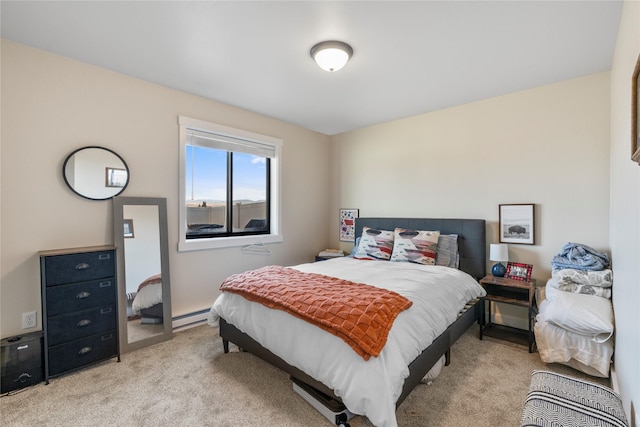 carpeted bedroom with a baseboard radiator