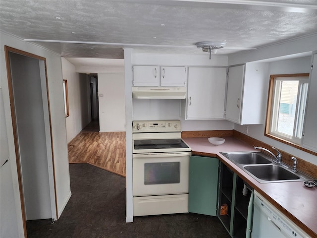 kitchen featuring under cabinet range hood, white appliances, a sink, white cabinets, and light countertops