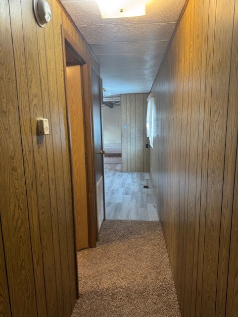 hall with wood walls and carpet floors