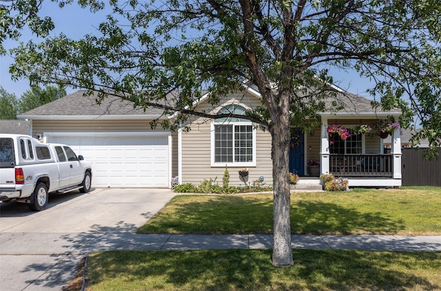 ranch-style home featuring a front lawn, a porch, and a garage