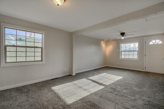 empty room with carpet, ceiling fan, and a healthy amount of sunlight