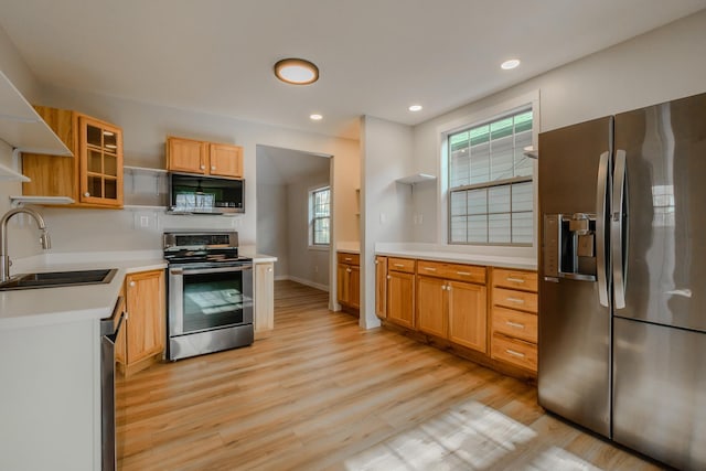 kitchen with light hardwood / wood-style floors, sink, and appliances with stainless steel finishes