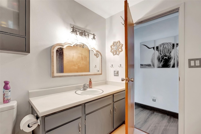 bathroom with hardwood / wood-style floors, vanity, and toilet