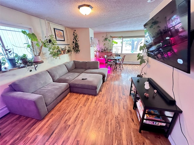 living room with hardwood / wood-style floors, a baseboard radiator, and a textured ceiling