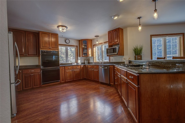 kitchen with pendant lighting, dark hardwood / wood-style floors, dark stone countertops, and stainless steel appliances