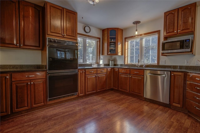 kitchen with decorative light fixtures, stainless steel appliances, and dark hardwood / wood-style floors