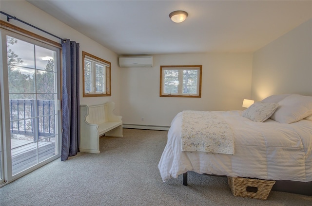 carpeted bedroom featuring a baseboard heating unit, access to outside, a wall mounted AC, and multiple windows