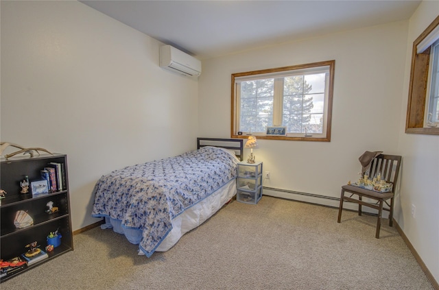 bedroom with a wall unit AC, carpet floors, and a baseboard heating unit