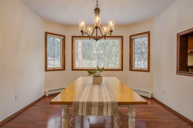 dining room with a wealth of natural light, dark hardwood / wood-style floors, and a baseboard heating unit