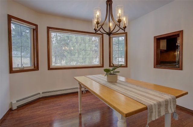 unfurnished dining area featuring a chandelier, a baseboard radiator, and dark hardwood / wood-style floors